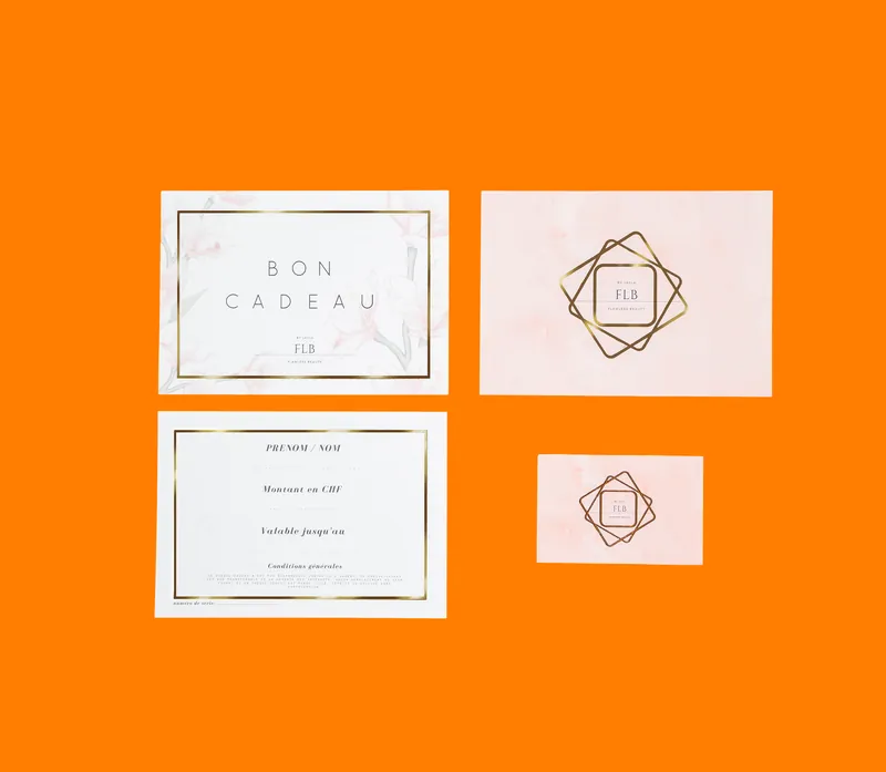Bon cadeau, carte et carte de visite FLB sur fond orange
