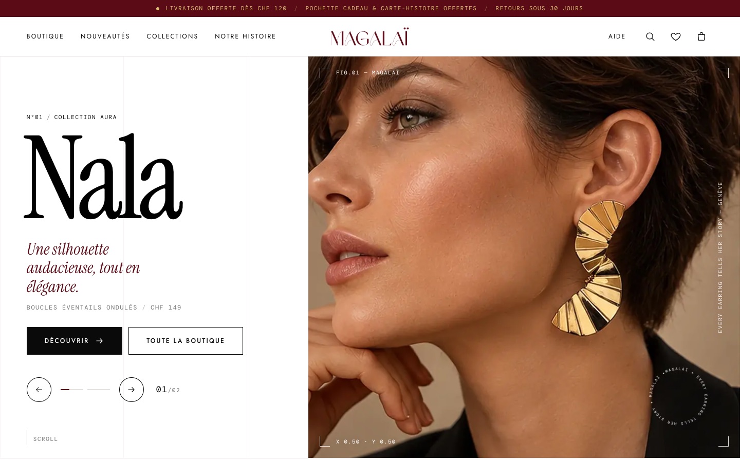 Boutique Magalaï (boucles d’oreilles) affichée sur Desktop · 1440 px