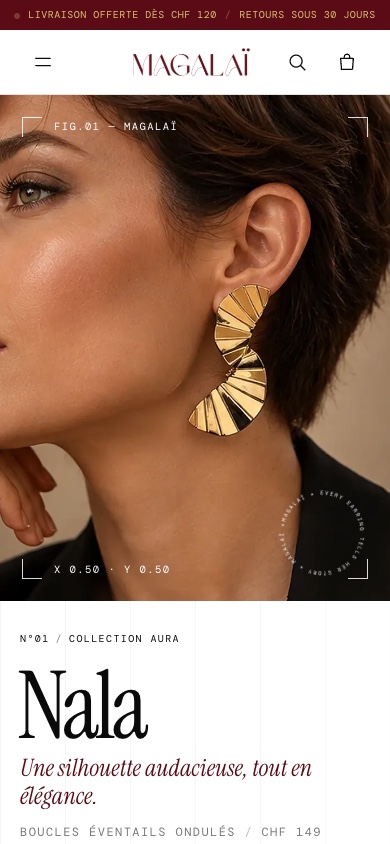 Boutique Magalaï (boucles d’oreilles) affichée sur Mobile · 390 px